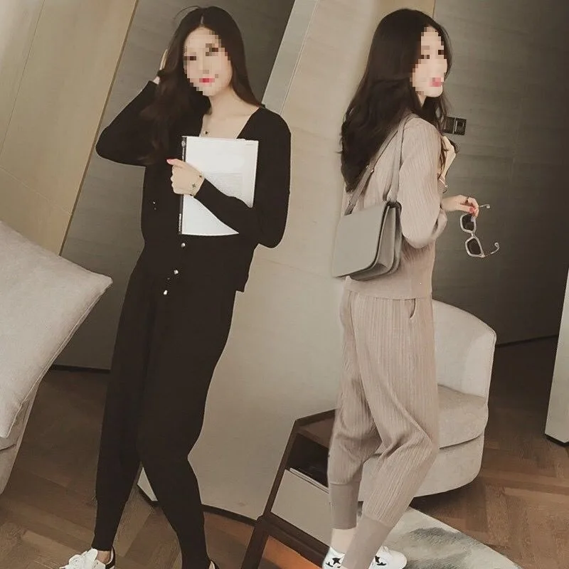 Fashionable Knitted Sporty Casual Summer Wear Women's Small Foot Pants Cardigan Outerwear Leisure Knitted Set S-4XL Size