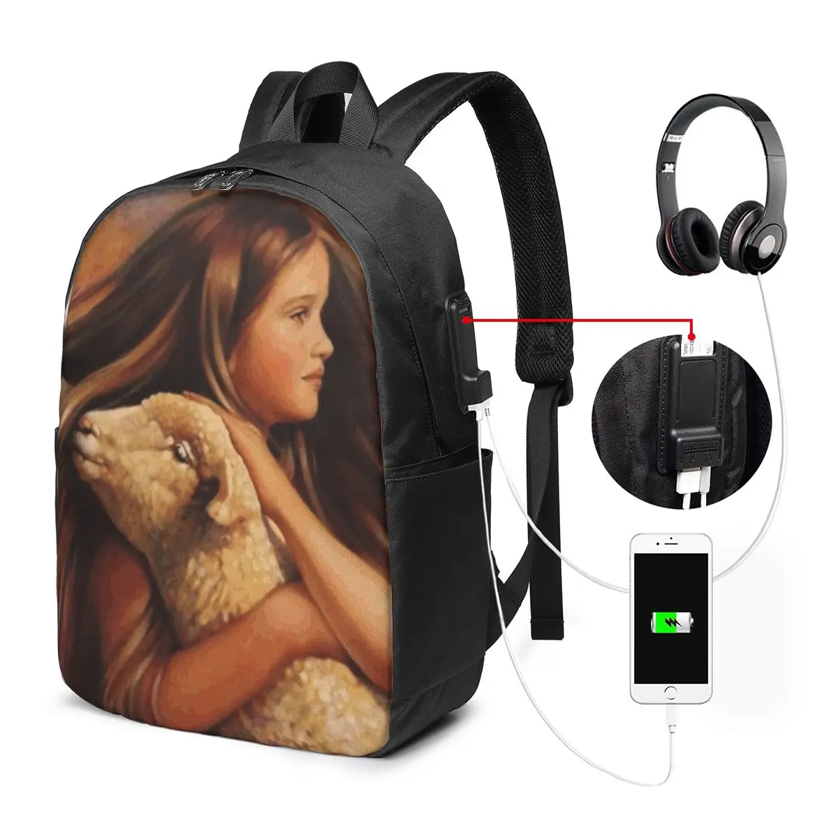 Farm Scene Little Girl And Lamb Backpack Travel Notebook Bag Computer College Student School Bag Laptop Shoulder Bags Men Women