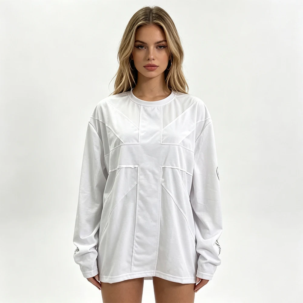 Y2K Women Long Sleeve T‑Shirt Patchwork Stitch Design Crew Neck Loose Oversized Tee Streetwear Casual Female Tops