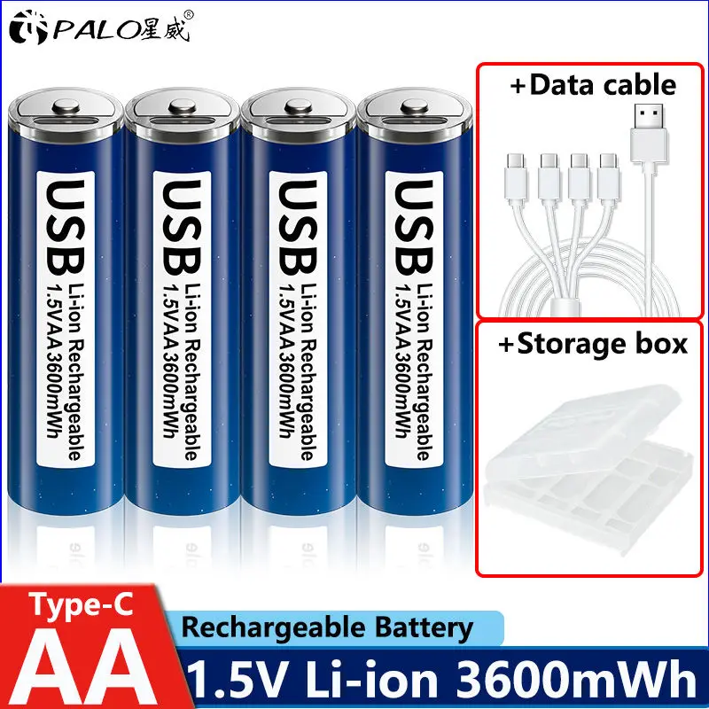 PALO 4-8pcs 1.5V AA 3600mWh USB wiederaufladbare Li-Ionen-Batterie Typ C Laden Lithium AA R6 Batterien für Fernbedienung Maus Spielzeug + Typc-C Kabel + Batterie Box
