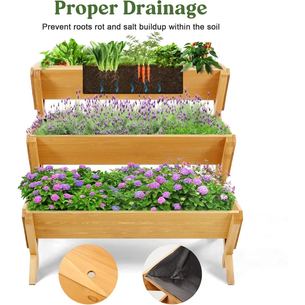 3 Tiers Wooden Vertical Raised Garden Bed with Legs,Brown Planter Raised Beds Kit for Flowers Herbs Vegetables