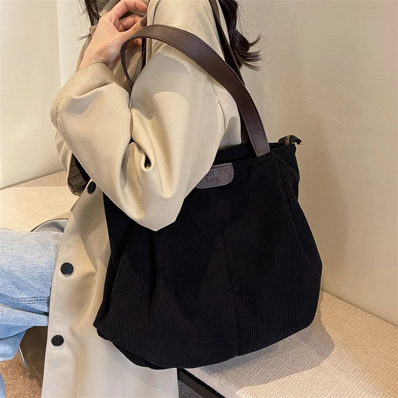 Solid Soft Shoulder Bags Corduroy 2024 High Quality Bags for Women Casual Interior Zipper Pocket Large Capacity Women's Handbags