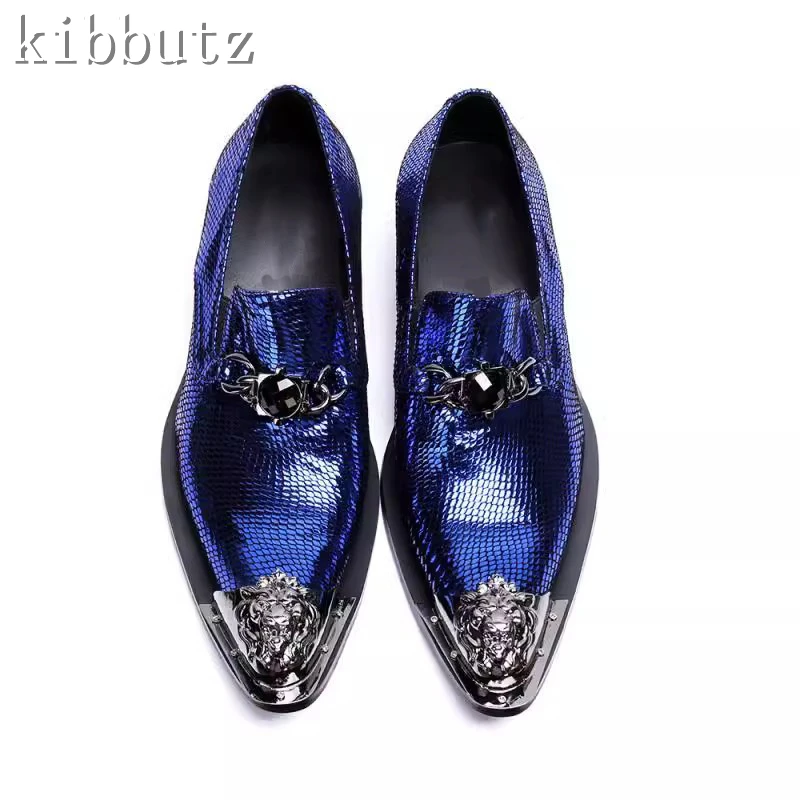 Designer Bright Blue Fish Scale Leather Shoes Men Metal Chain Pointed Toe Slip On Loafers Business Party Wedding Oxfords Shoes