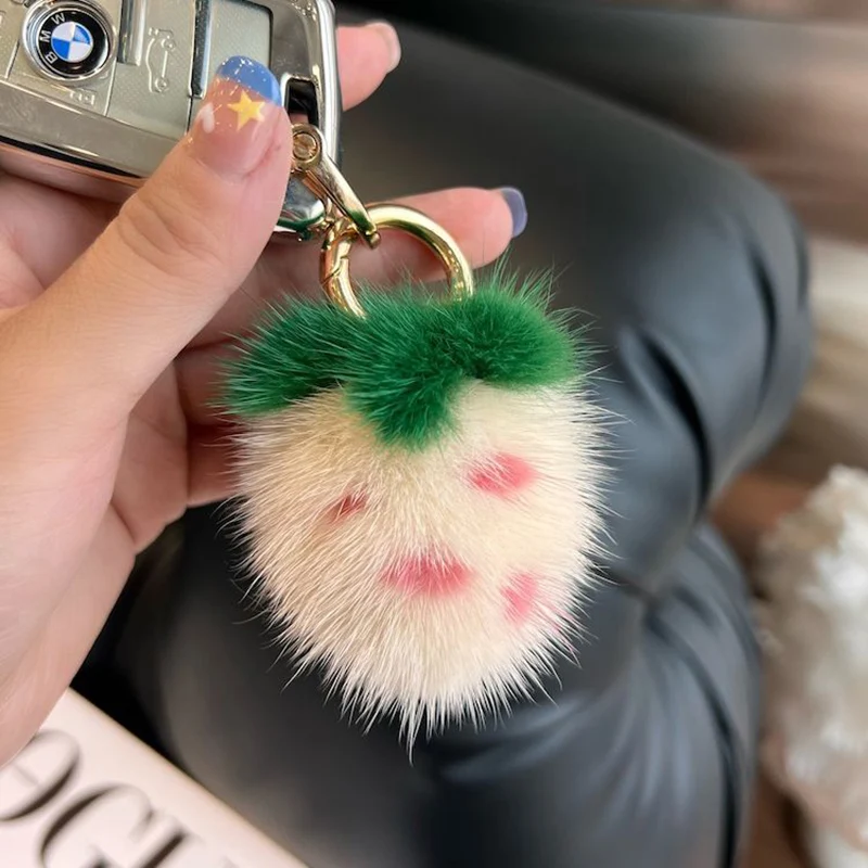 Mini schattige echte nertsbont kleine aardbei auto sleutelhanger hanger pluche bal tas decoratie