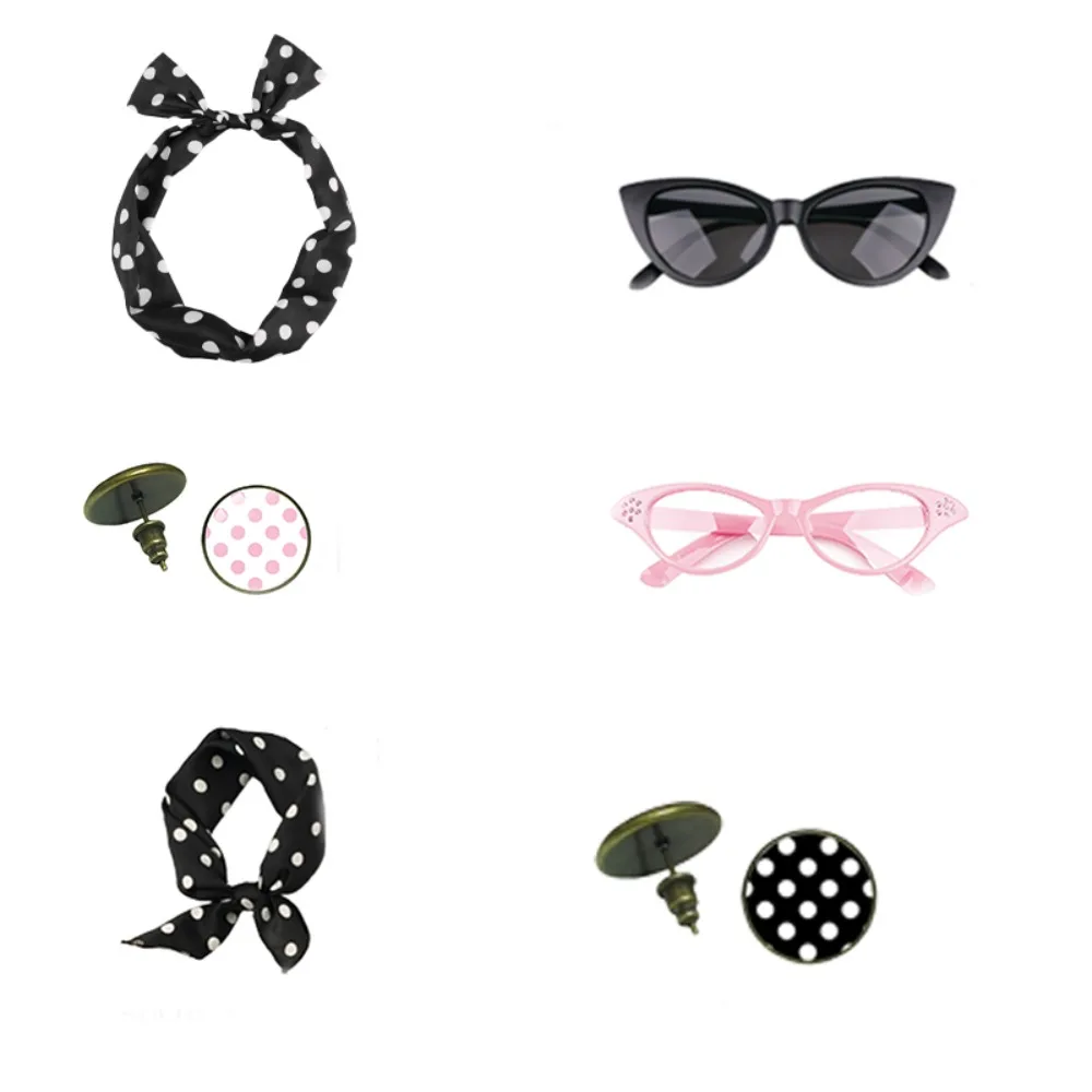 PESENAR 50's النساء زي اكسسوارات مجموعة وشاح شيفون البولكا نقطة باندانا التعادل عقال ريترو القط العين النظارات اللؤلؤ اكسسوارات