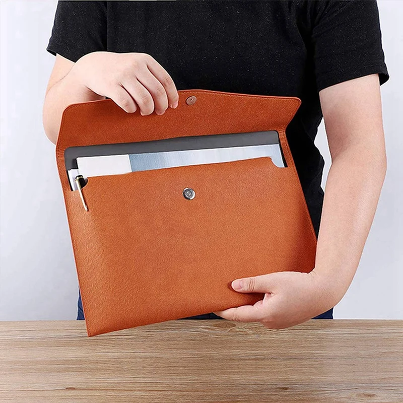 2X PU Leather A4 File Folder Document Holder Waterproof Portfolio Envelope Folder Case With Snap Closure(Brown)