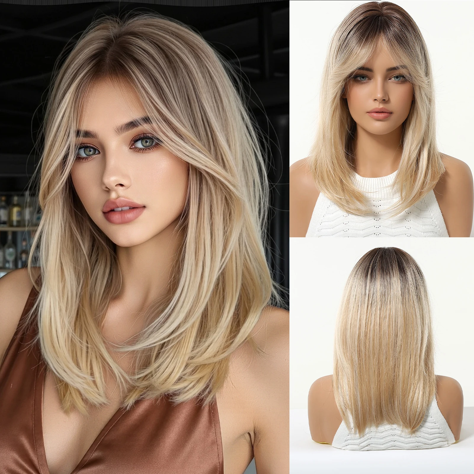 

LOUIS FERRE Ombre Blonde Dark Root Short Wigs For Women Daily Cosplay Party Use Wig With Bangs Heat Resistant Synthetic Hair Wig