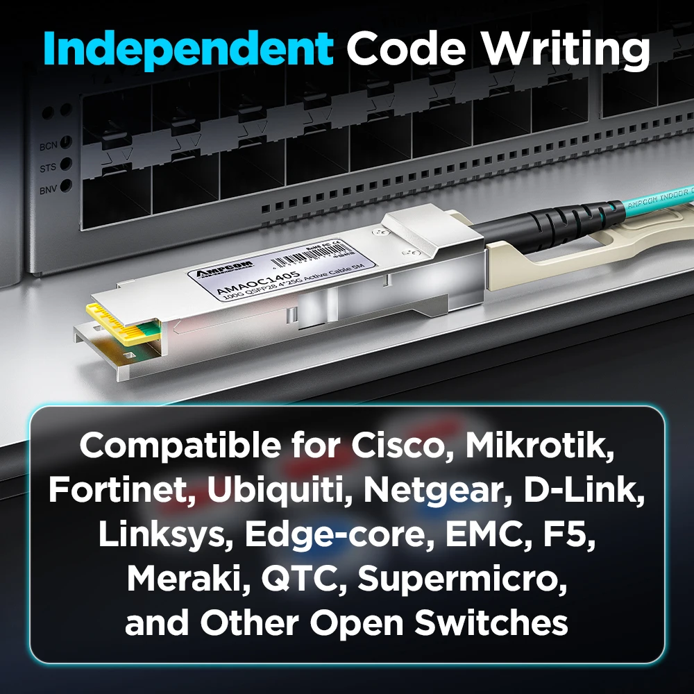 AMPCOM 액티브 광 케이블, 시스코, 미크로틱, 포티넷, 유비퀴티 등용 AOC 어셈블리, 100G QSFP28-4x25G SFP28 브레이크아웃
