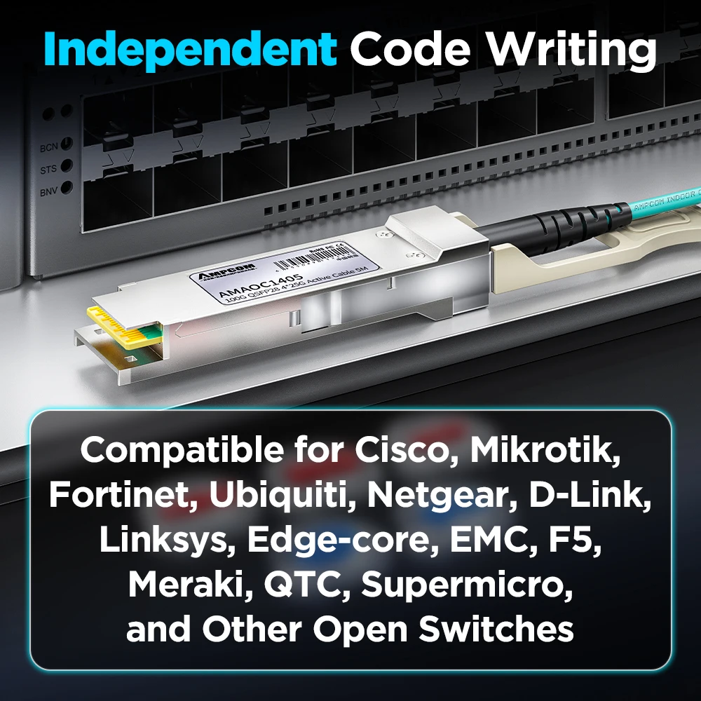 AMPCOM 100G QSFP28 to 4x25G SFP28 Breakout Active Optical Cable, AOC assembly for Cisco, Mikrotik, Fortinet, Ubiquiti etc