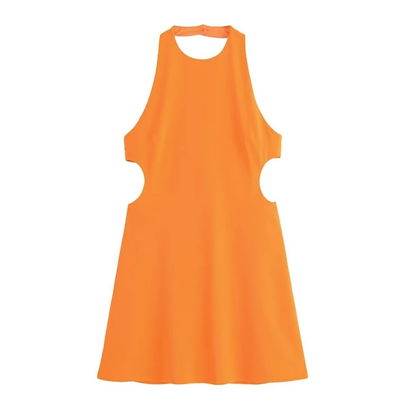 فستان نسائي صيفي جديد بخصر مزين أنيق ومثير بدون أكمام ورقبة رسن فستان قصير مفتوح الظهر