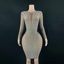 Pearl Diamond Halter Long Sleeve Evening Ladies Dress Elegant V-Neck Mid Waist Wedding Party Party High-end Performance Dress