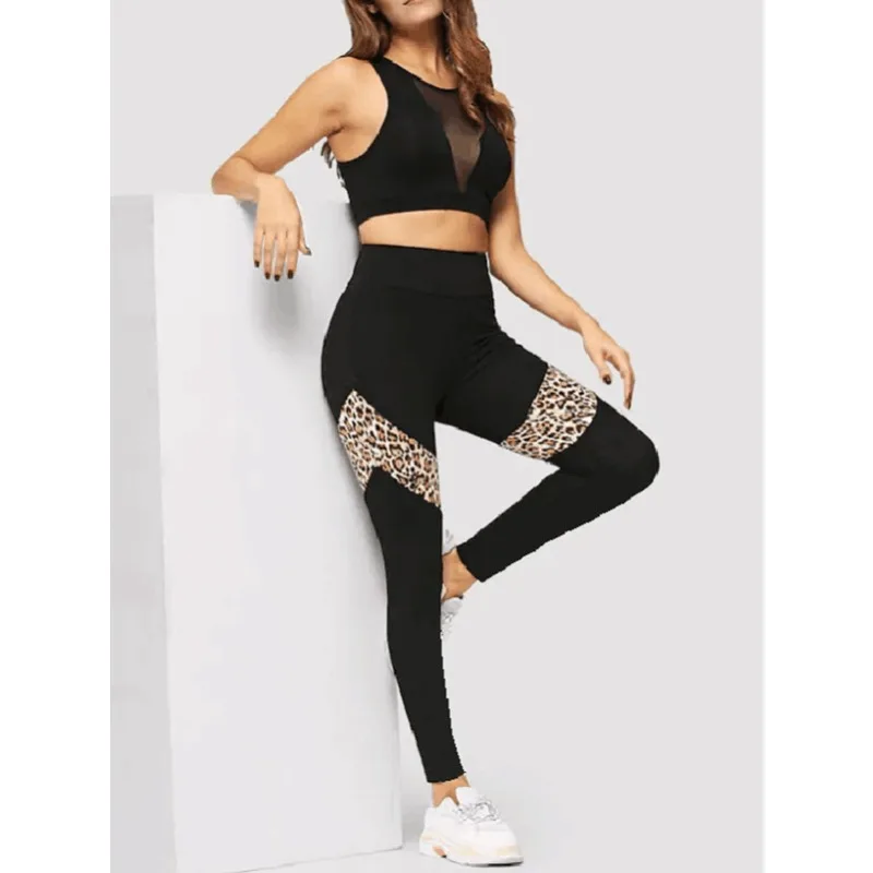 Krisnanas Leopard Print Sporty Pants for Women 2025 Skinny High Waist Patchwork Hip Fitness Workout Breathable Yoga Pants 29763