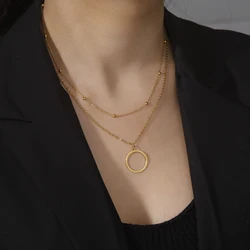 Cazador Stainless Steel Geometric Round Pendant Double Chain Necklaces for Women Jewelry Multilayer Necklace Mother Day Gift