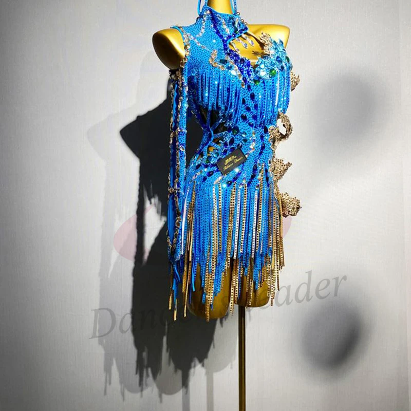 Latin Dance Adult Children'S Dress AB Stone High-End Custom Multi-Color Diamond Stripe Tassel Cha Tango Women'S Clothing