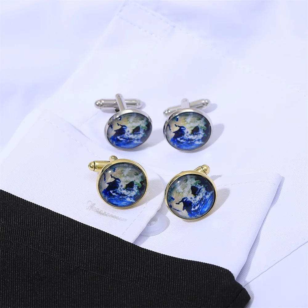 2 шт., кабошон, стеклянная карта мира, изображение, мужские запонки Eurasia, круглый рукав, пуговица с узором