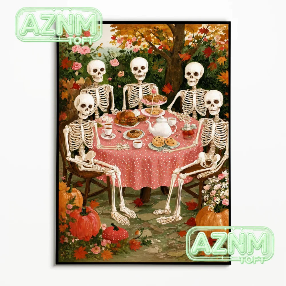 1PC Fun Skeleton Blowing Pink Bubble Gum Poster Autumn Halloween Wall Art  Retro Canvas Printing Festival Gift Fall Wall Deco
