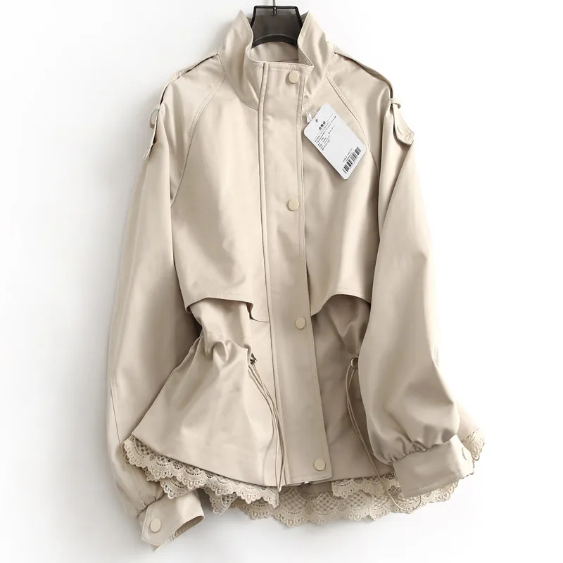Damen Einfarbige Jacke mit Spitzenbesatz und Stehkragen, Frühjahr 2026 Neuerscheinung, Kurze Petite-Jacke mit Kordelzug in der Taille, Lässiger Trenchcoat