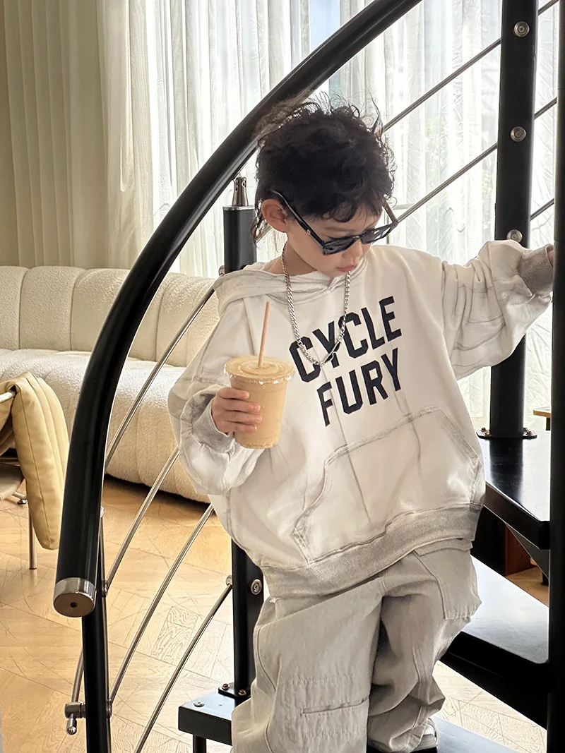 Children Clothes Boys Hoodie 2024 Autumn New Loose Hooded Casual Shirt Solid Color Long Sleeve Letter Kids Simple Hoodie