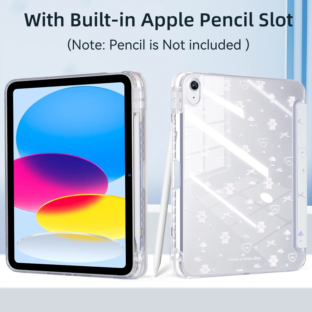 For ipad a16 case 11th 10th Gen Air11 M2 M3 M4 Air 4 5 Case Tri-Fold Bear Bow Cute Clear Transparent Smart Stand Auto Sleep Wake