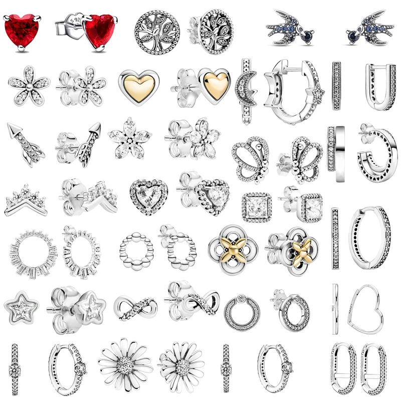 

925 Sterling Silver Pave Infinity Daisy Swallow Heart Hoop Earrings Women Silver Color Studs High Luxury Women's Fine Jewelry