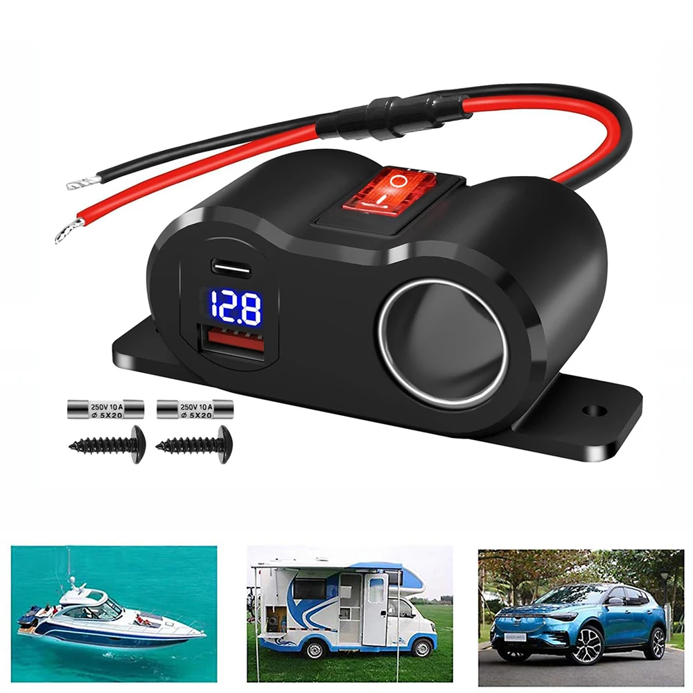 المزدوج QC3.0 PD3.0 ولاعة السجائر المقبس الفاصل مع عرض الفولتميتر 12 فولت شاحن سيارة محول الطاقة للدراجات النارية البحرية RV
