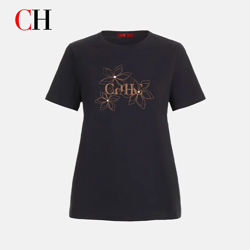 CH Women Black T-Shirt Floral Embroidery Detail Short Sleeve Crew Neck Casual Cotton Tee Daily Wear Office Top