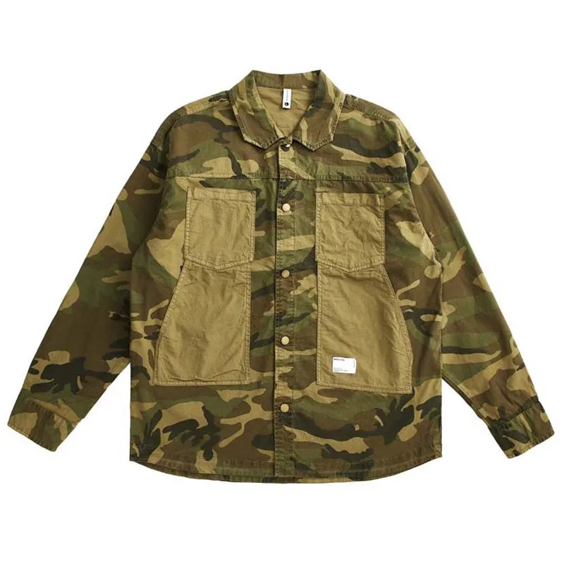 Mens Camouflage Cargo Shirt Long Sleeve Shirts Outdoor Workwear Tops Loose Fit Oversized Hip Hop Clothing