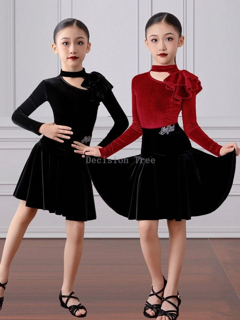 2025 autumn winter girls' latin dance practice dress children performance competition long sleeve velvet skirt 2 piece dance set view 2