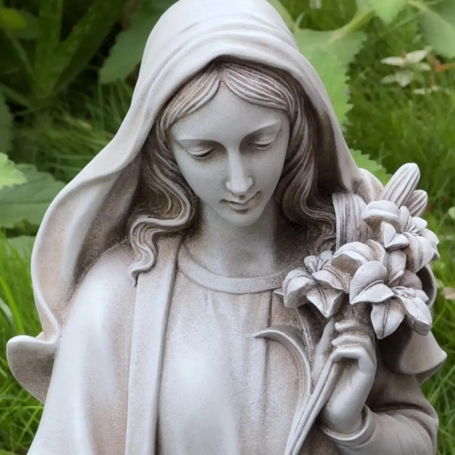 Virgin Mary Statue Outdoor, 24 Inches Blessed Mother Mary Garden Statue, Rustic Saint Mary Holding Lilies Outdoor Sculpture for