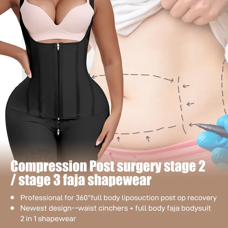 Women Firm Tummy Control Full Body Shaper Lipo Post-op Recovery 11 Steel Bone Waist Cinchers Post Surgery Shapewear Bodysuit