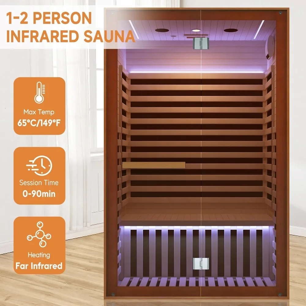 Sauna Far Infrared Saunas 1-2-Person Sauna 8 Heating Plate 1950w Low-EMF Room Home Sauna with 7-Color Therapeutic Lights and 2