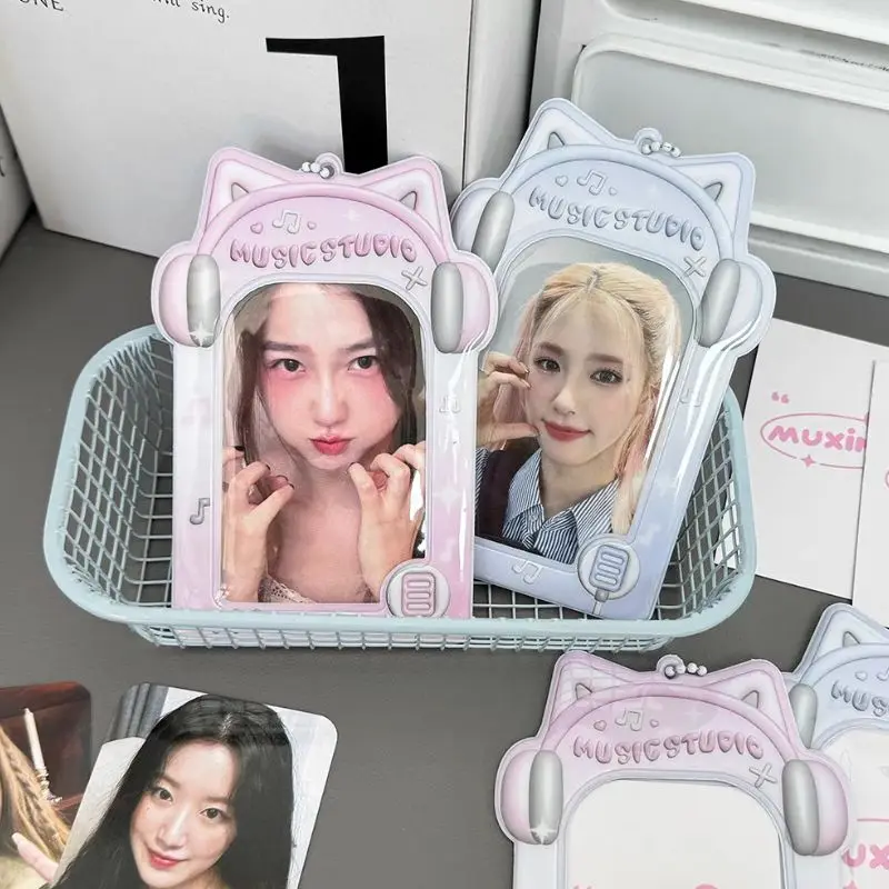 INS Ins Idol Photocard Holder Cute Headphone Pattern Girl Card Sleeve 3-inch Small Card ID Photo Storage Bag Sweet Pendant