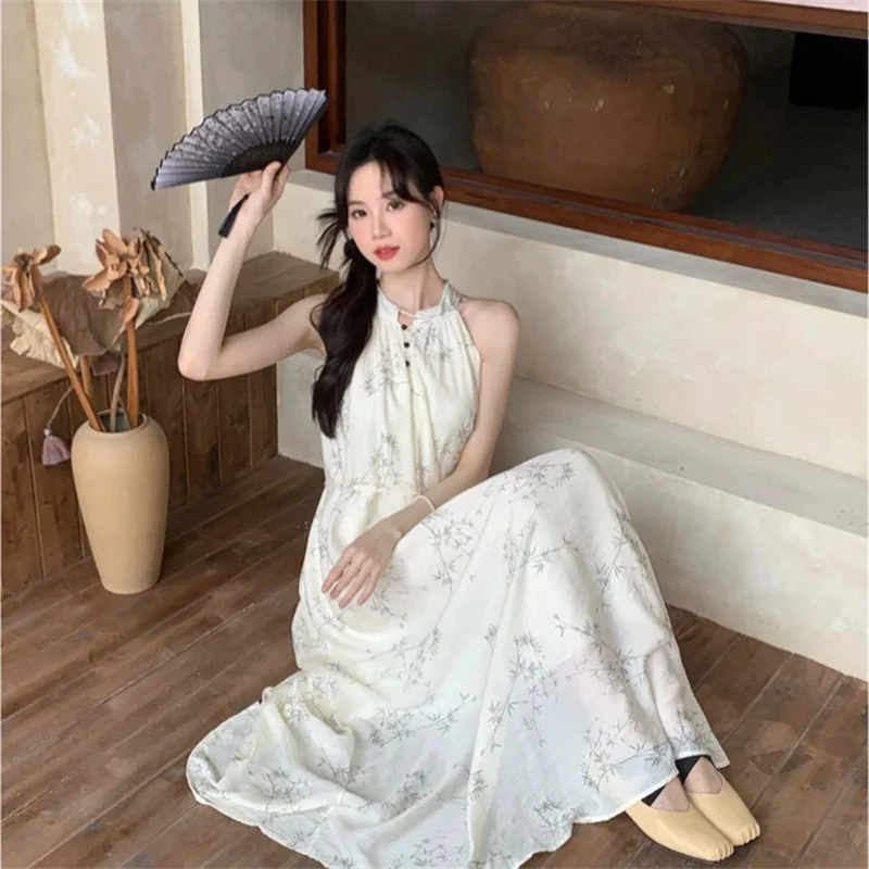 

Women's Dress 2025 Summer New Style Loose Chinese Style New Chinese Style Printed Neck Hanging Sleeveless Strap Waist Dress WLF
