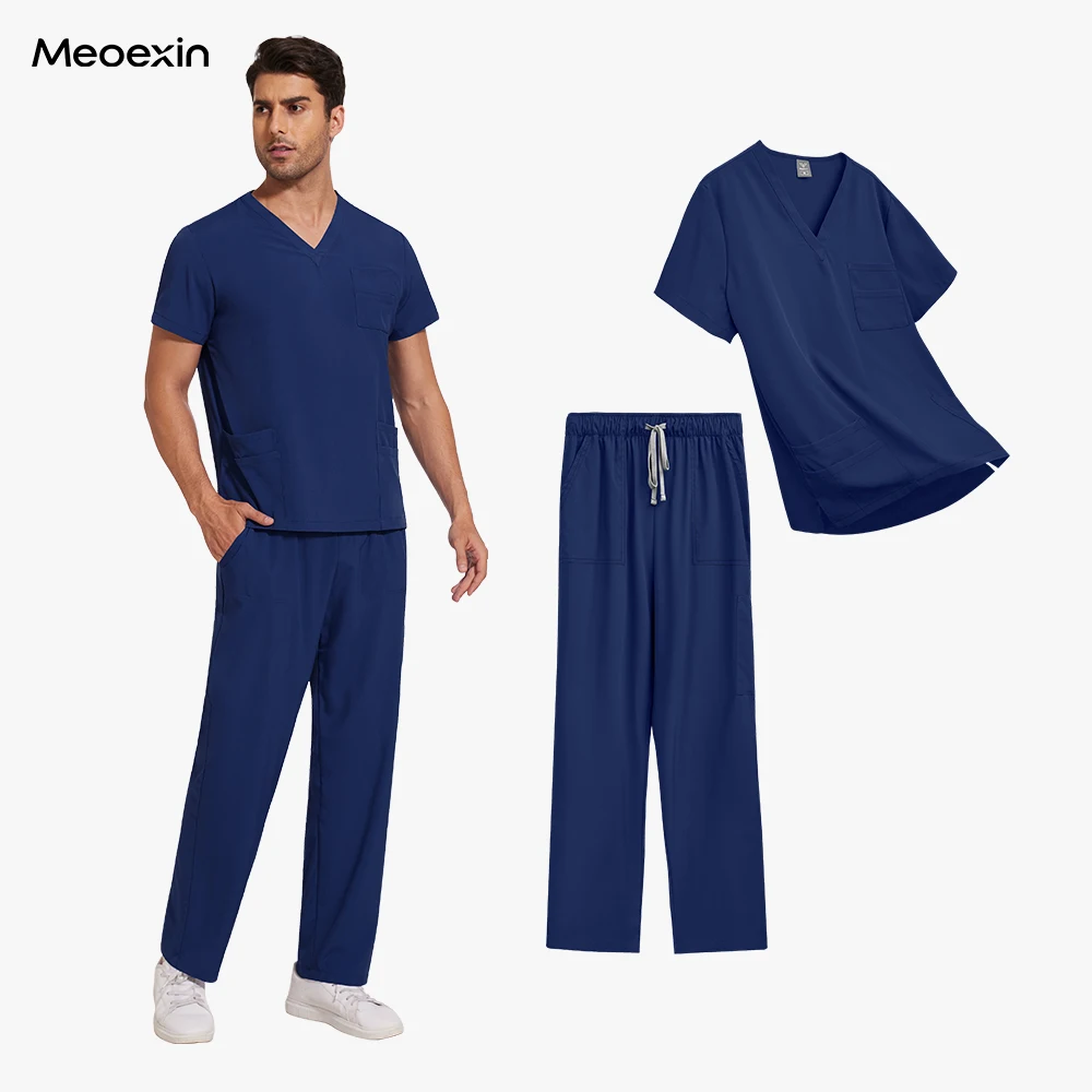 Unissex respirável enfermagem médica esfrega elástico anti-rugas uniformes cirúrgicos feminino dentista uniforme clínico homem esfrega topo calça