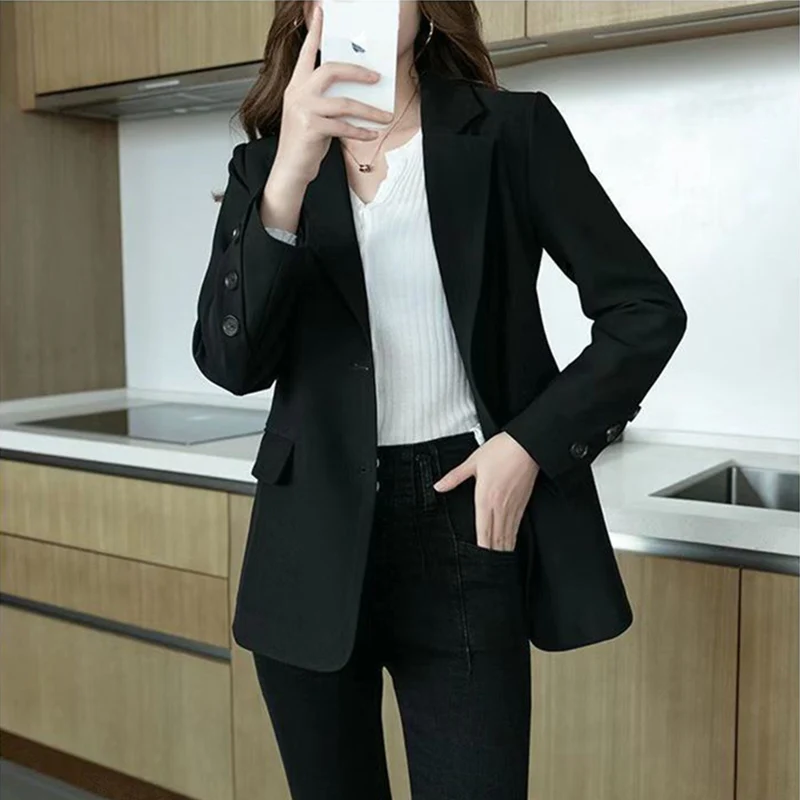 

Korean Fashion Slim Fit Blazer for Women Spring Autumn Office Lady Black Blazers Woman Basic Notched Collar Business Suit Jacket