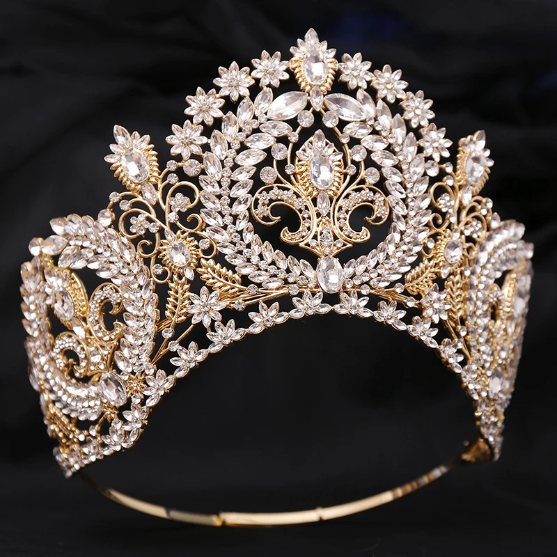 Baroque Round High Diadem Bridal Crown Pageant Miss Tiaras Headdress Bride Wedding Dress Hair Jewelry Accessories