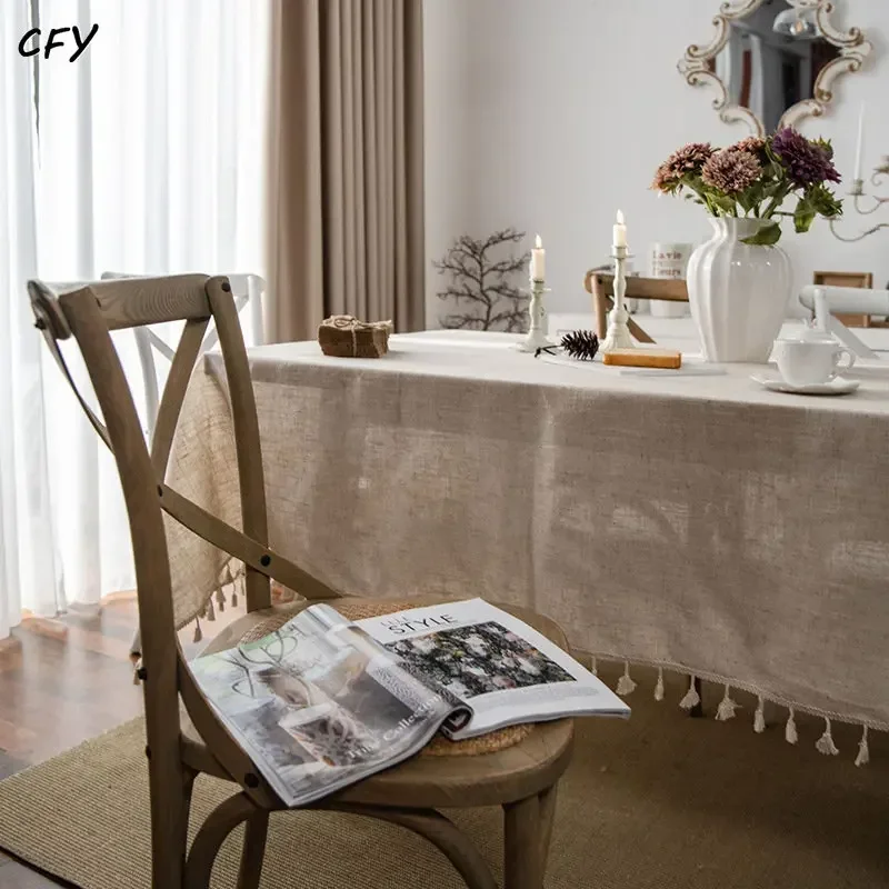 

American Solid Color Cotton Linen Tablecloth for Table Rectangular Tablecloth with Tassel Dining Table Cover Tea Cloth