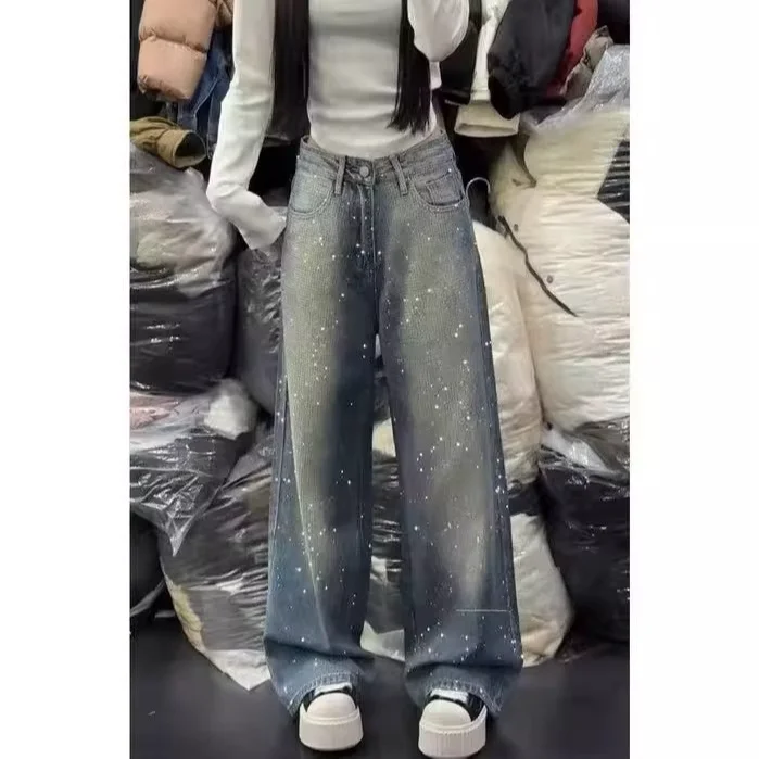 

Retro Casual High Waist Floor-Length Rhinestone Denim Pants Spring New Style Vintage Straight Leg Pocket Multi Washed Blue