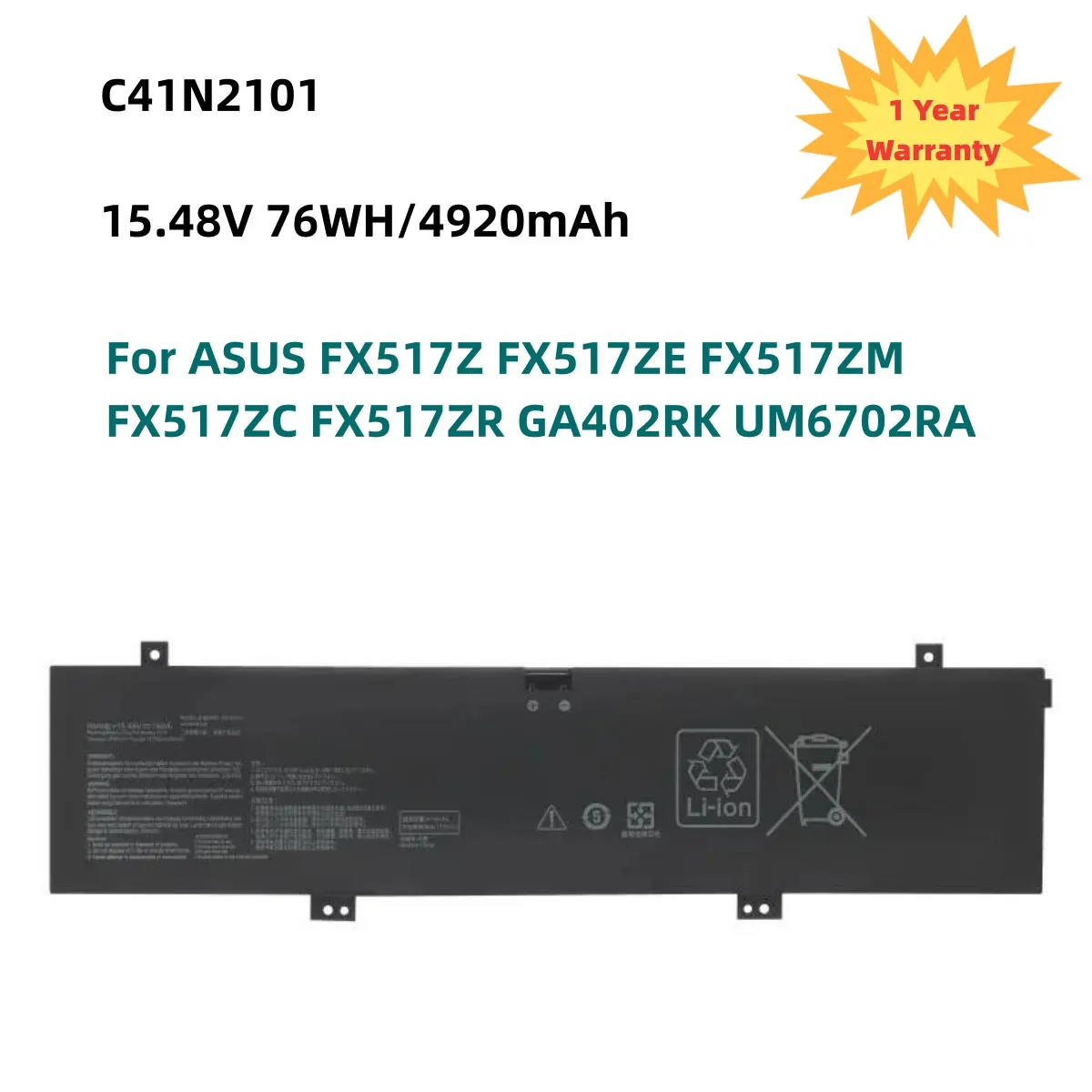 C41N2101 Laptop Battery For ASUS FX517Z FX517ZE FX517ZM FX517ZC FX517ZR GA402RK UM6702RA 15.48V 76WH/4920mAh