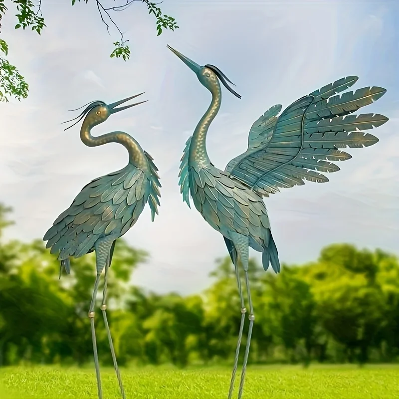 Metal Crane Statue Garden Decor, Bird Garden Sculpture & Statues, Outdoor Decoration For Yard Patio Lawn Backyard Pool