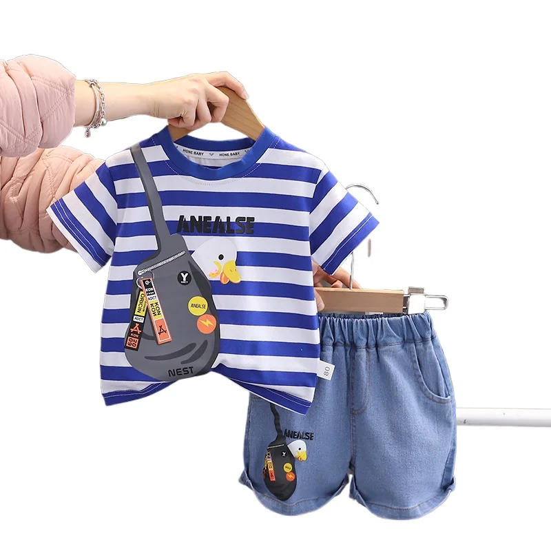 Children Summer Fashion Clothes Kids Boys Printe Cartoon Stripe Cotton T Shirt Denim Shorts 2Pcs/Set Casual Toddler Tracksuits