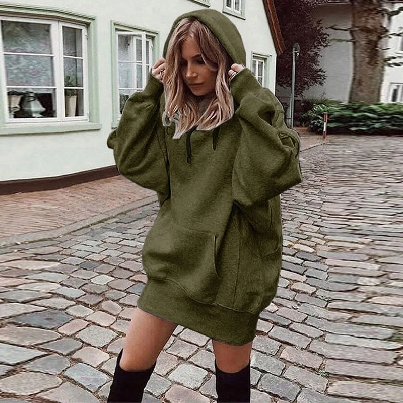 

New Autumn and Winter Women's Long Hooded Sweatshirt Long Sleeves Pockets Loose Fashion Jacket Casual High Street Pullover