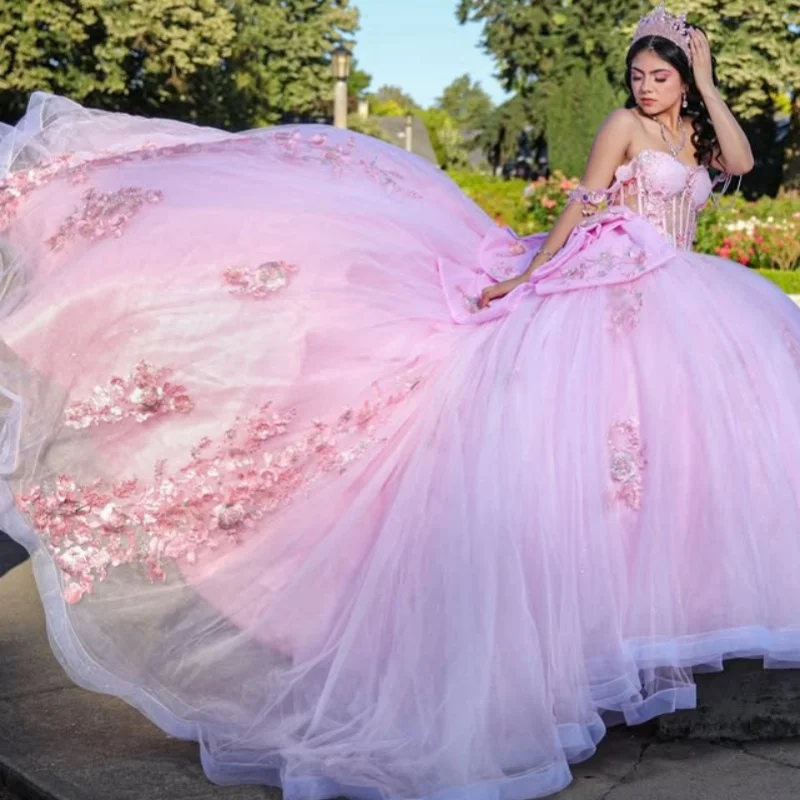 

Pink Quinceanera Dress Glitter Crystal 3D flower Decal Lace layering Long tail Big Bow Vestidos De 15 Quinceanera ﻿Customize