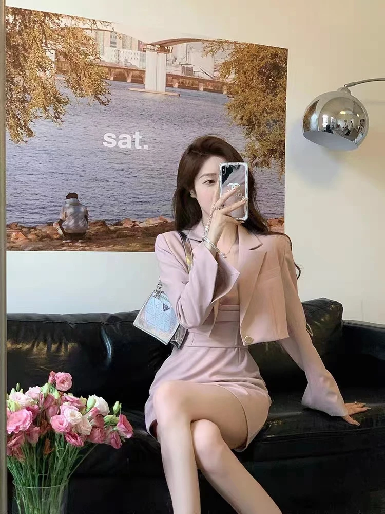 Korean Fashion Y2k Elegant Solid Mini Skirt Suit Women Casual Vintage Pink Long Sleeve Set Female Blazer Coat+Strap Dress 2024