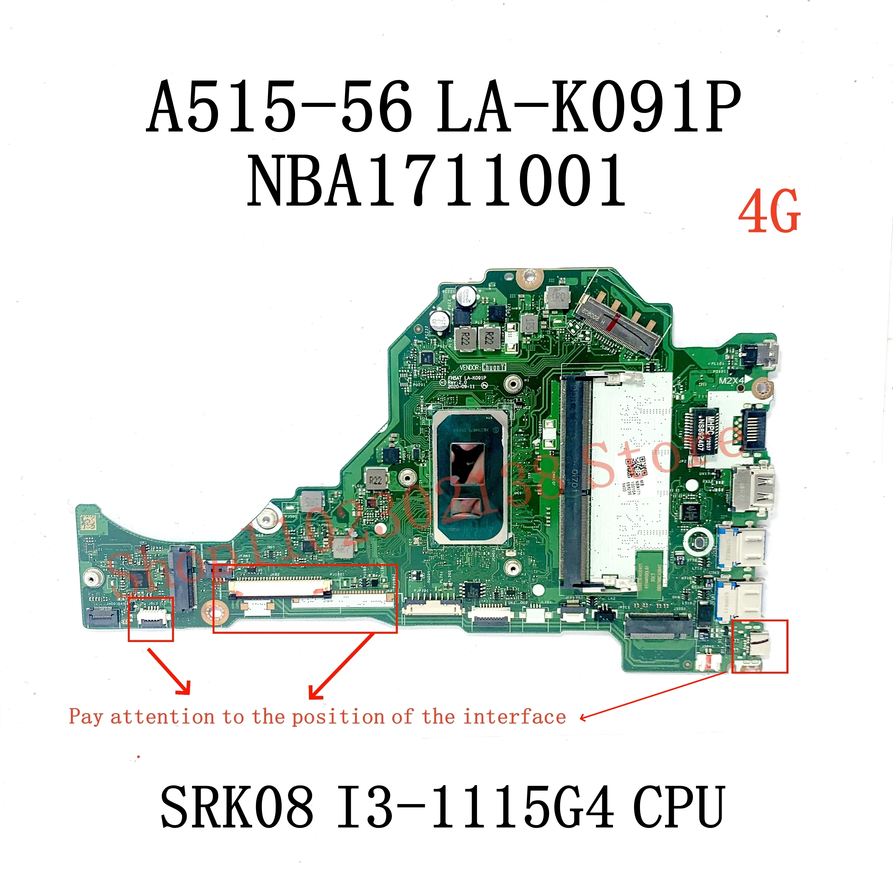 LA-K091P NBA1711001/NBA1711005 Mainboard For Acer A515-56 A515-56G Laptop Motherboard With I3/I5/I7 CPU 4GB 100% Fully Tested OK