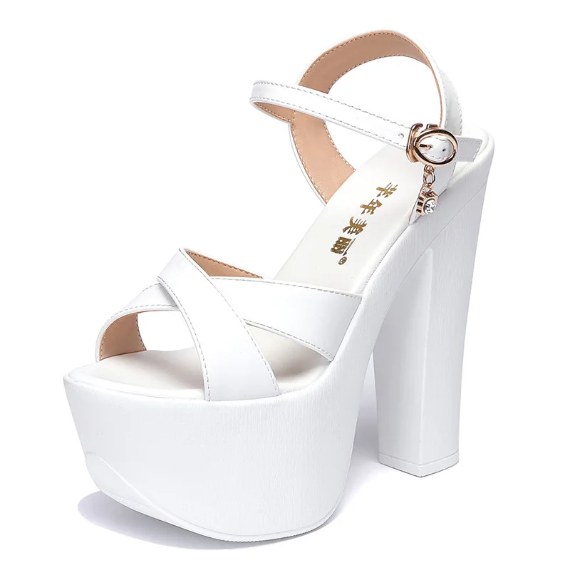 Maogu Thick Heel Sexy Couro Senhoras Sandálias Plataforma Elegantes Salto Muito Alto Doce Branco Sandália das Mulheres de Luxo Salto Sapatos 33