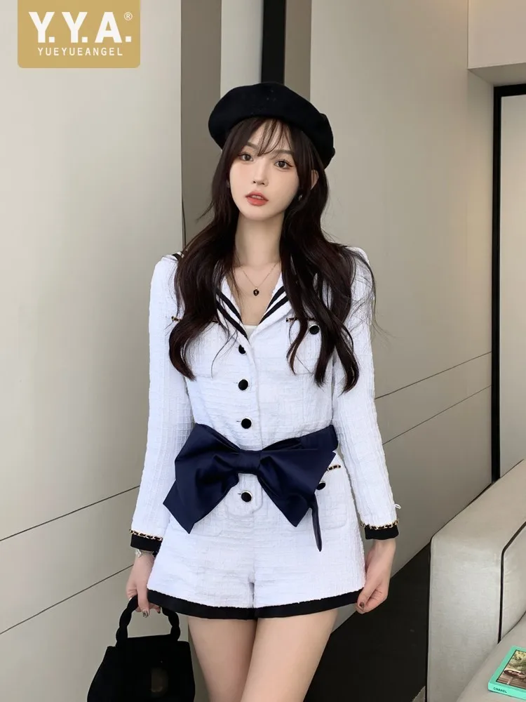 

White Navy Style Sailor Collar Jumpsuit Woman Spring Long Sleeve Sweet Bowknot Fashion Single Breasted Rompers Ladies Playsuits