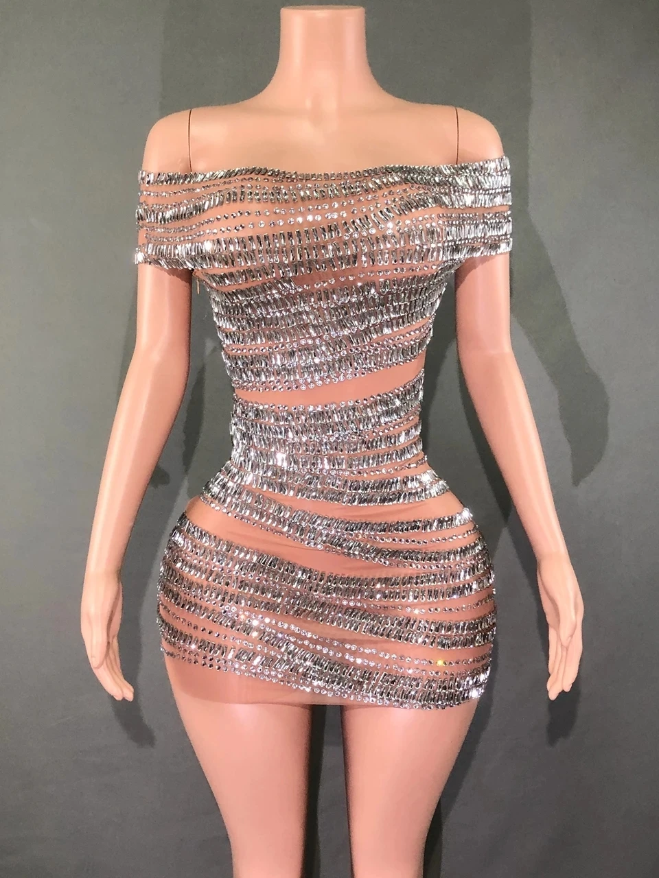 Shinning Big Crystal Women Sexy Slash Neck Bodycon Mesh See Through Mini Dress Nightclub Party Performance Costumes Stage Wear