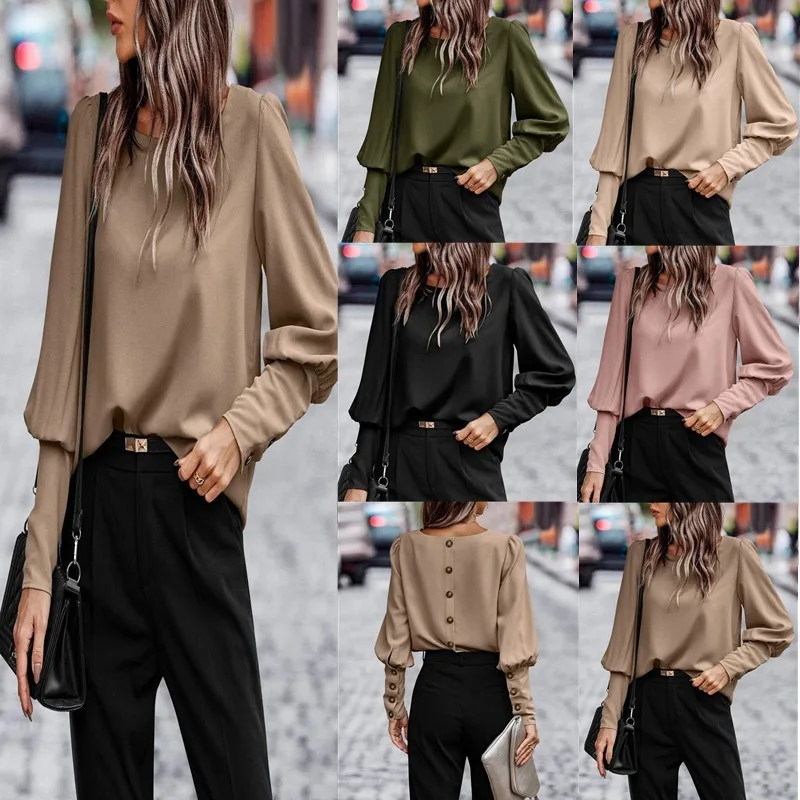 

Autumn and Winter Women's Pullover Round Neck Long Sleeve Lantern Sleeve Button Solid Shirring T-shirt Fashion Bottom Tops