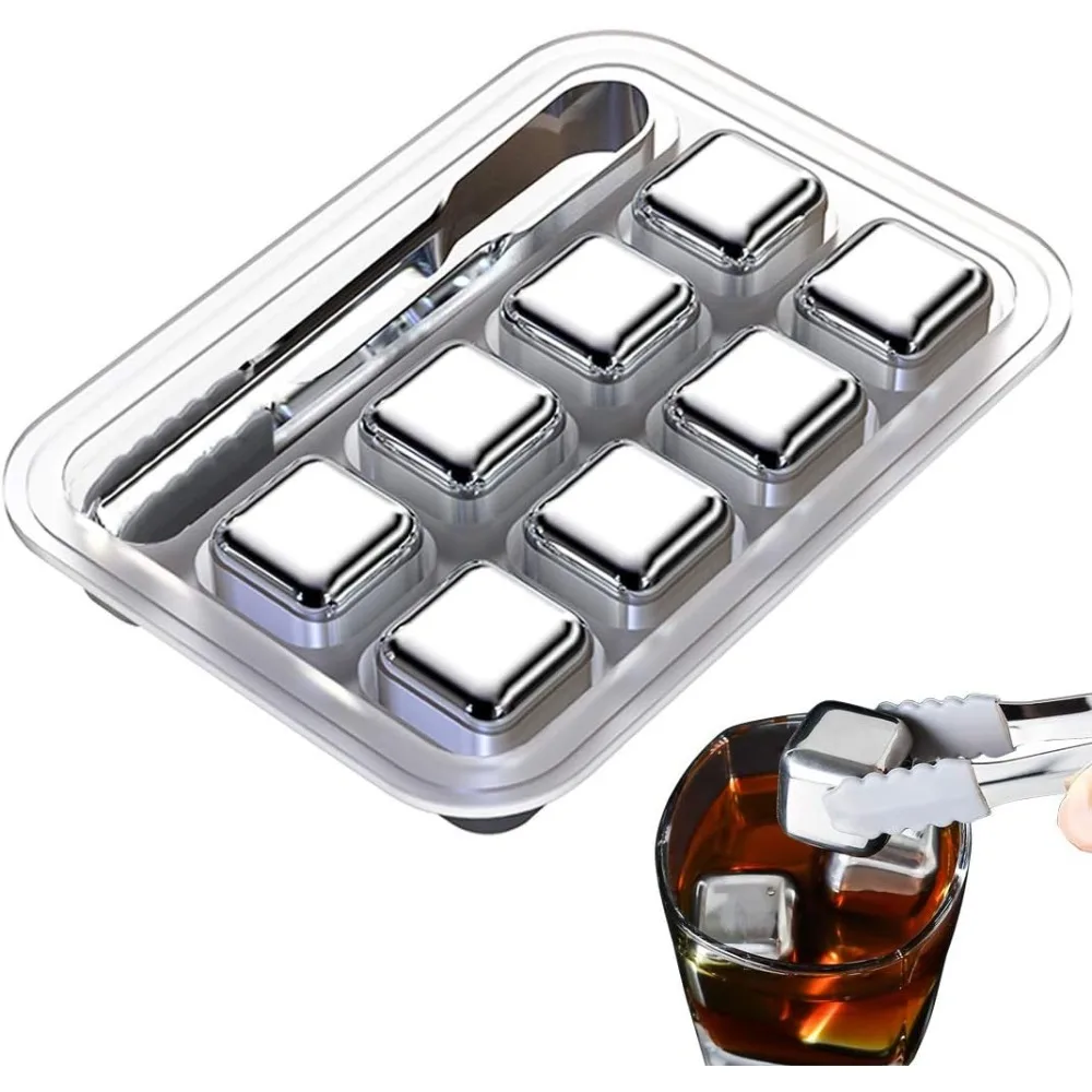 Barware Whiskey-Eiswürfel, kalte Steine, 4/6/8 Stück, Edelstahl-Eissteine, wiederverwendbar, mit Eiszange und Gefrierschrank-Aufbewahrungsbox